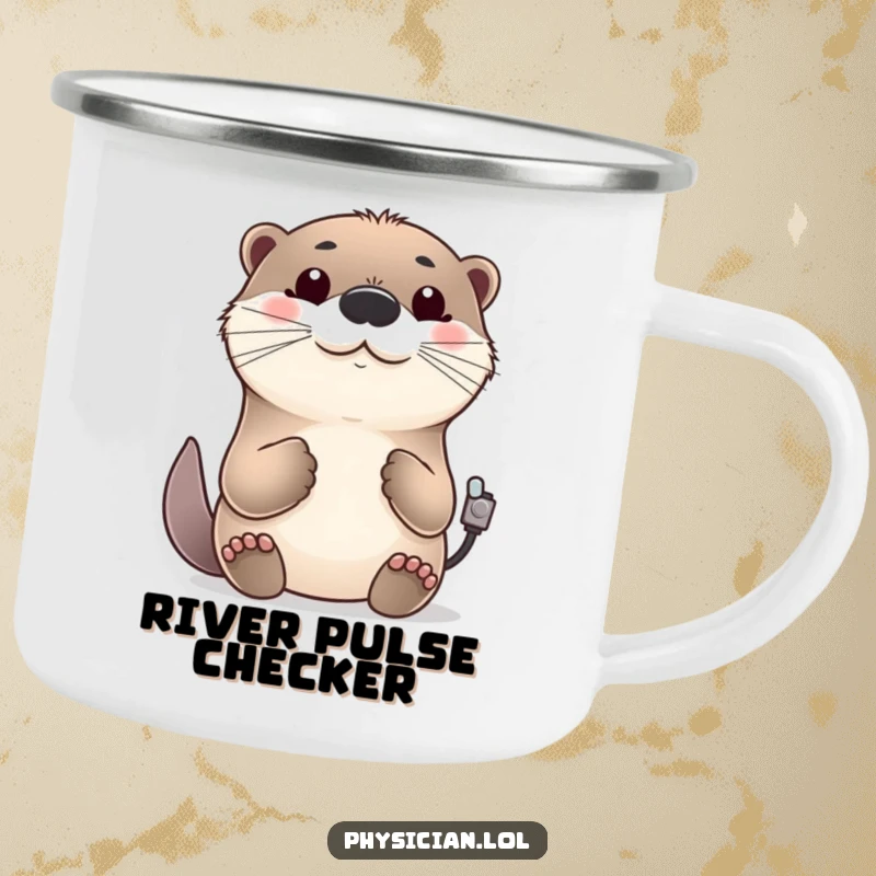Funny cheerful otter camping mug, outdoors, checking a pulse, friendly nod, happy and humorous drinkware.