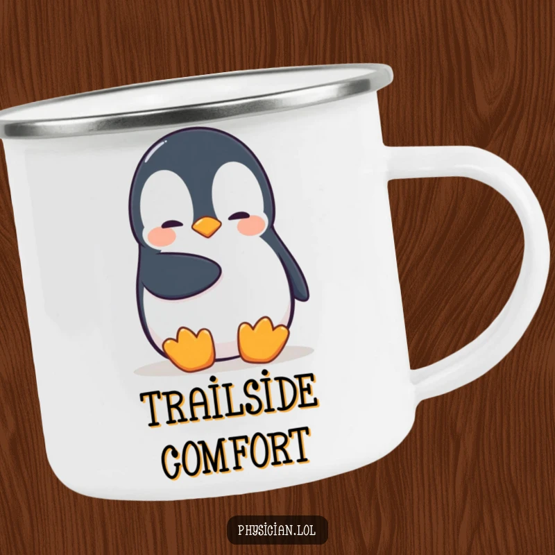Funny Penguin Camping Mug: a shy penguin provides a comforting pat, perfect for rugged adventurers who appreciate gentle humor.