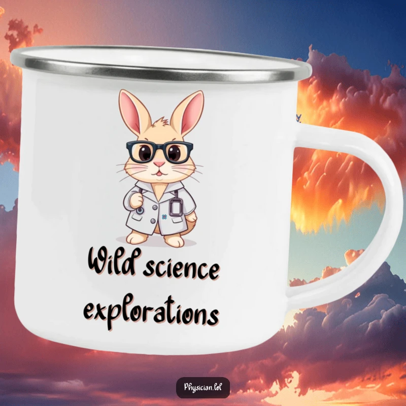 Funny camping mug with a curious rabbit wearing a lab coat and glasses, perfect for outdoor scientific exploration.