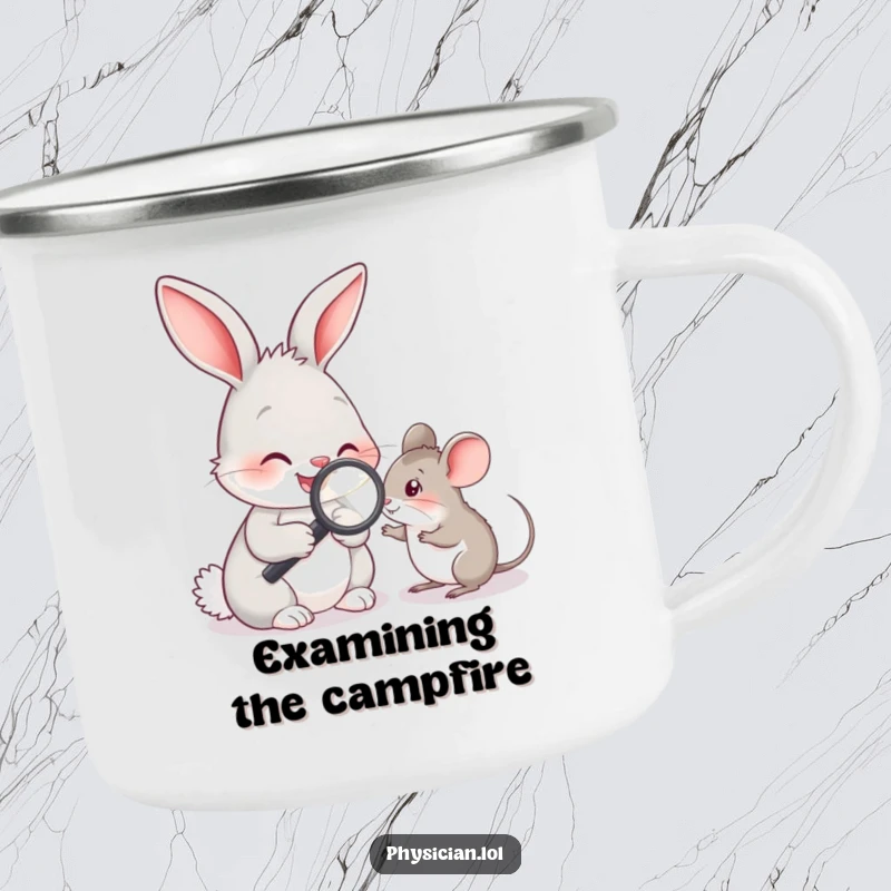 Funny rabbit doctor with a magnifying glass examining a mouse, ready for an outdoor adventure, a humorous camping mug.