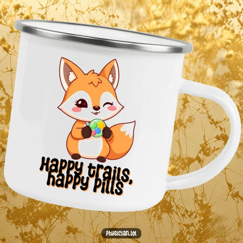 Funny fox camping mug, cheerful fox prescribing a colorful pill with a wink, outdoor drinkware, humorous animal graphic.