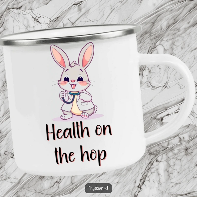 Funny camping mug with a cheerful bunny doctor checking a patient, bringing humor and a positive spirit to outdoor adventures.