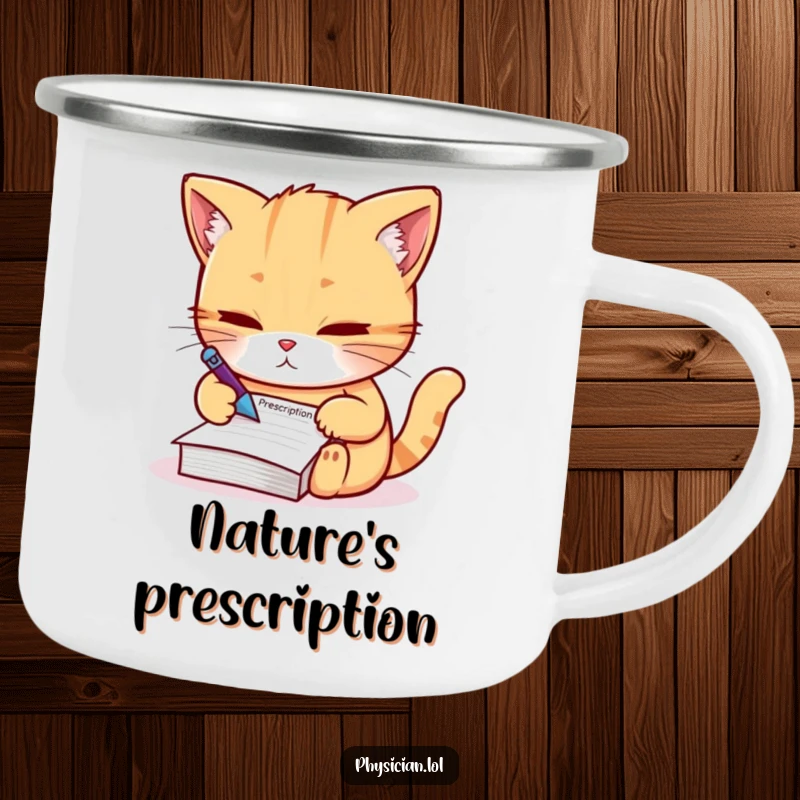 Funny Camping Mug: Durable enamel mug with a determined cat writing a prescription, for adventurous, humorous sipping.
