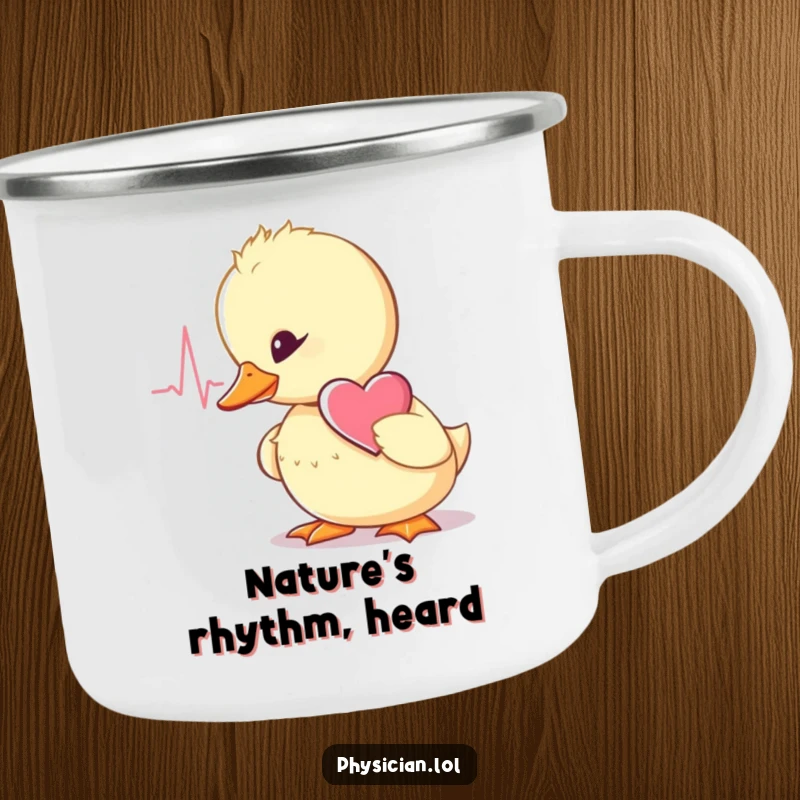 Funny wobbly duckling doctor camping mug, stethoscope ready, listening to a heartbeat, a humorous outdoor companion.