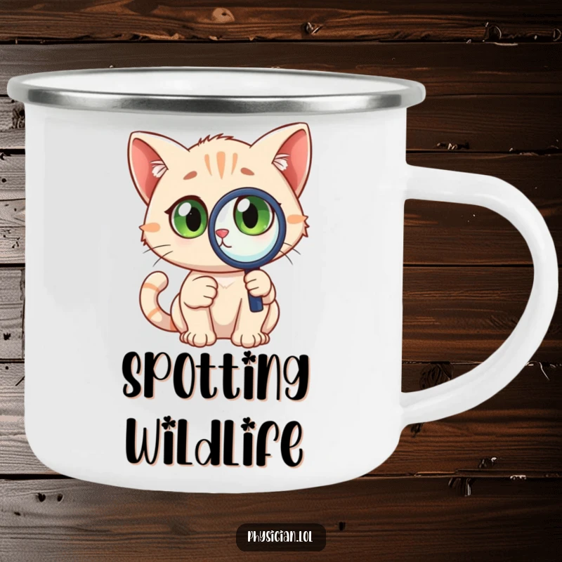 Funny Detective Cat Camping Mug with a curious cat holding a magnifying glass, wide-eyed, perfect for outdoor observation.