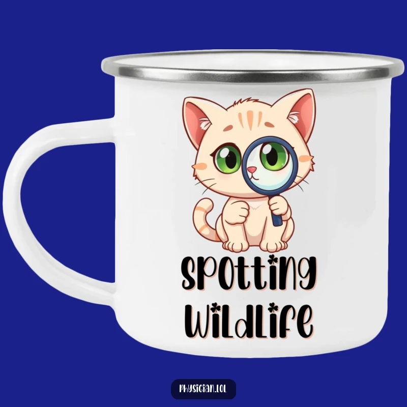 Funny Detective Cat Camping Mug: Enamel magnifying glass, wide eyes, durable and funny gift for explorers.