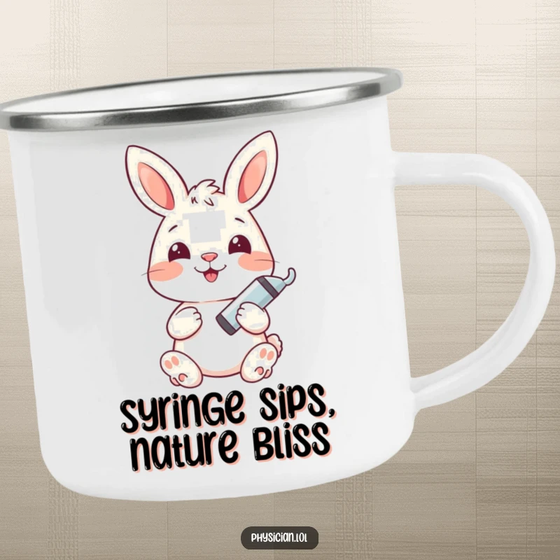 Funny bunny camping mug with a happy bunny holding a syringe, perfect for adventures and humor.