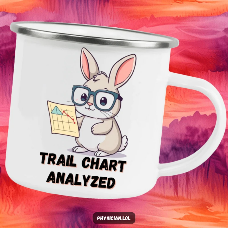 Funny rabbit chart camping mug showing a curious bunny in glasses studying a chart, perfect for outdoor contemplation and humor.