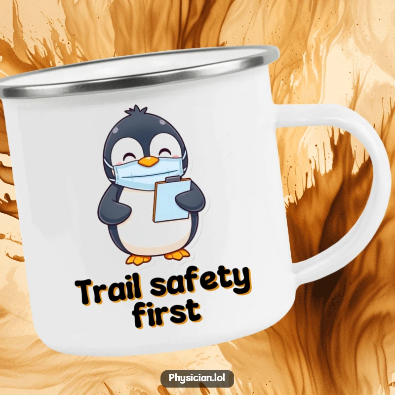 Funny Penguin Mask Camping Mug showing a happy penguin in a mask holding a clipboard, perfect for enjoying drinks in nature.