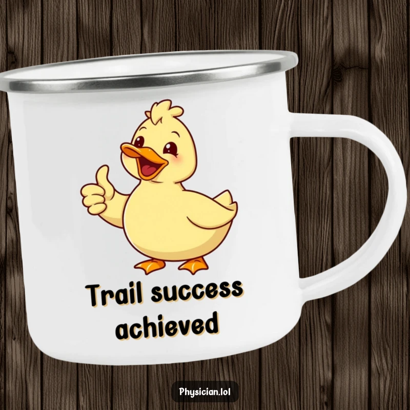 Funny camping mug with a delighted duck giving a thumbs up and a smile, ideal for enjoying drinks with humorous positivity outdoors.