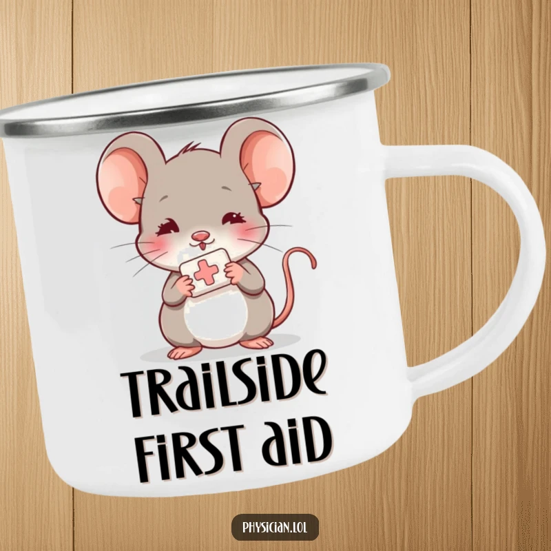 Funny shy mouse camping mug, outdoors, offering a bandage, caring and gentle drinkware.
