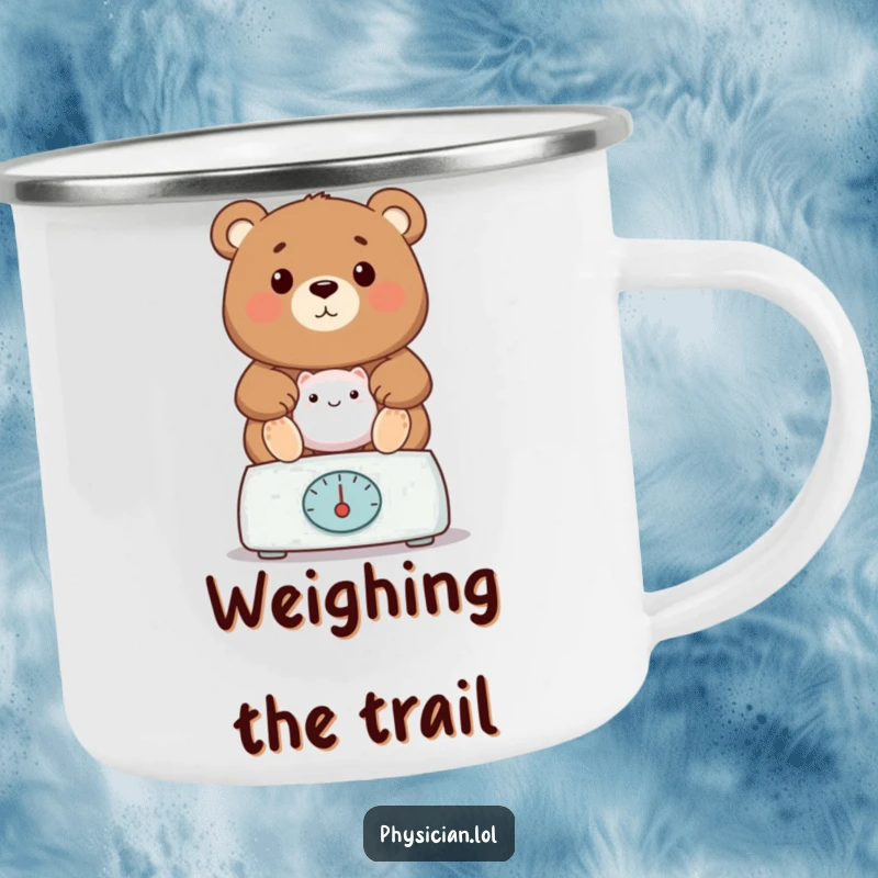 Funny bear camping mug, showing a proud bear vet weighing a patient, ideal for enjoying drinks during outdoor animal care adventures.