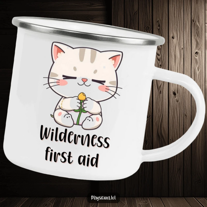 Funny camping mug depicting a determined cat carefully bandaging a tiny smiling sprout, perfect for humorous outdoor hydration.
