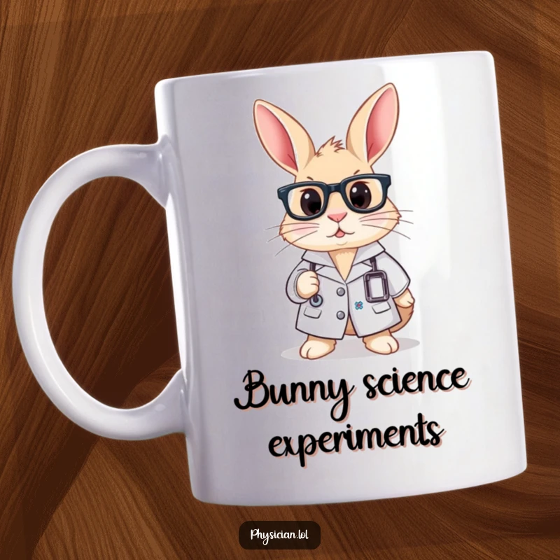 Funny mug with a curious rabbit wearing a lab coat and glasses, ready to conduct experiments with enthusiasm.