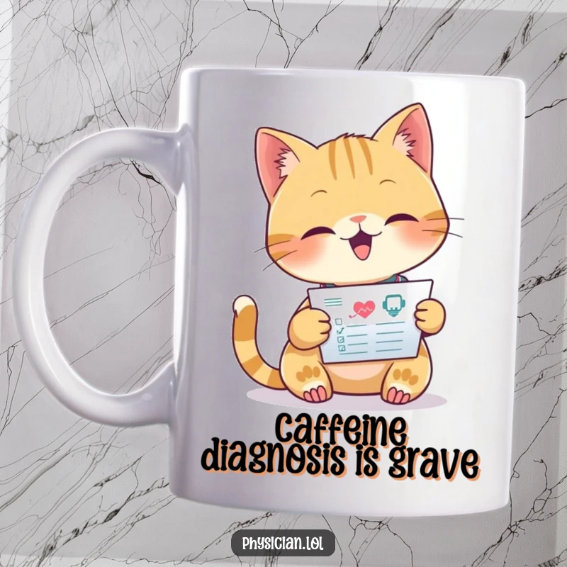 Funny mug showing a beaming cat in a doctor's coat, intently reading a medical chart with a focused, intelligent expression.