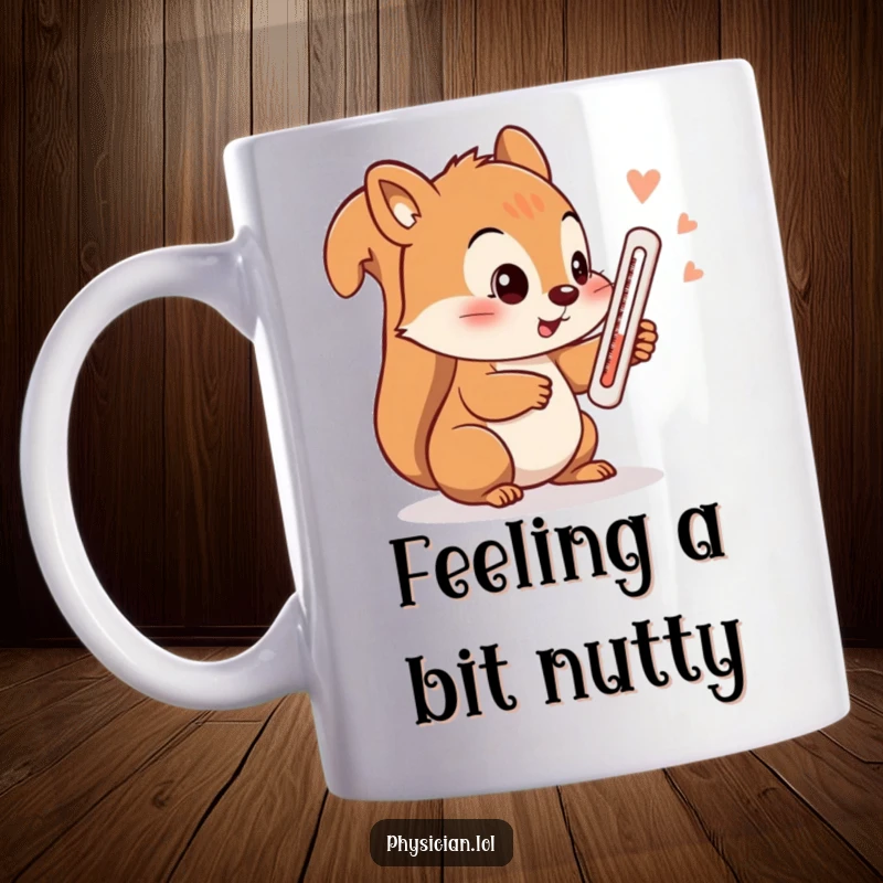 Funny squirrel mug, a playful rodent checks its temperature with a thermometer, ready to dispense some humor.