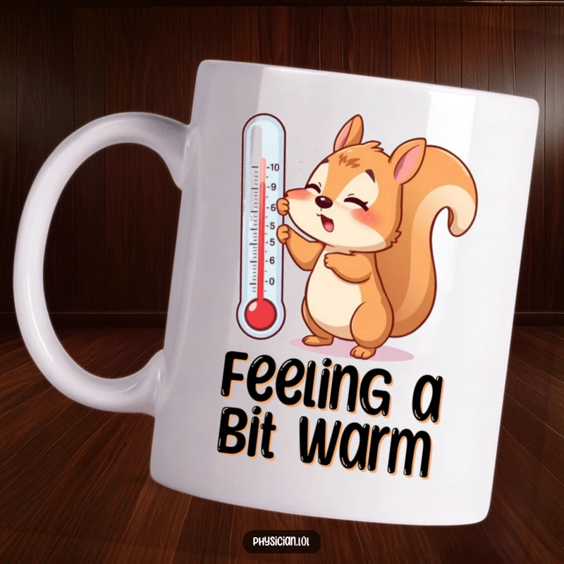 Funny mug with a flustered squirrel struggling with a giant thermometer, symbolizing illness and humorous discomfort, a get well design.