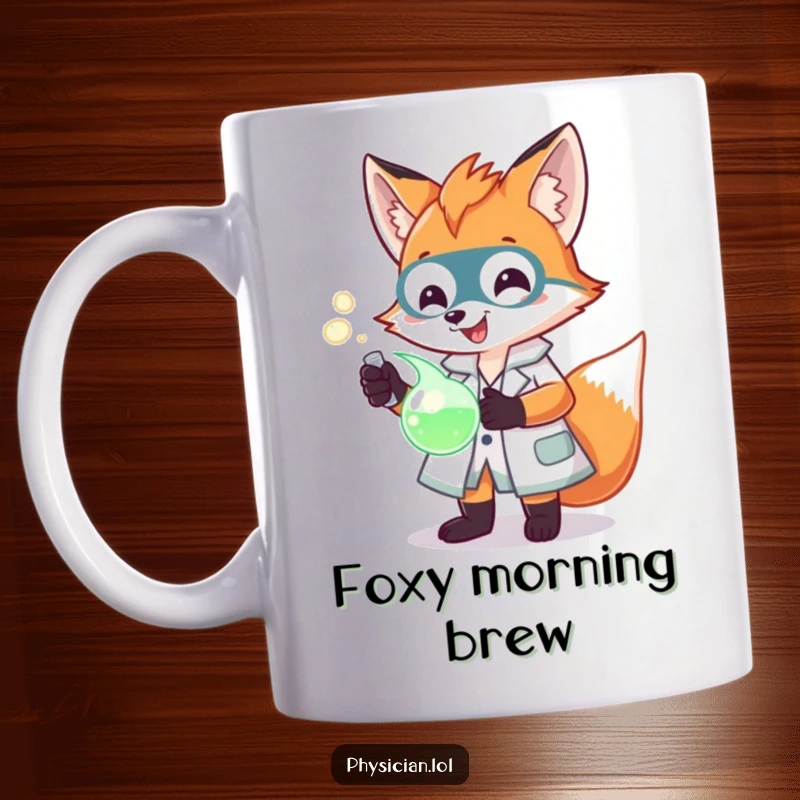 Funny Scientist Fox Mug featuring a cheerful fox in a lab coat, intently examining a glowing potion, radiating intelligence and humor.