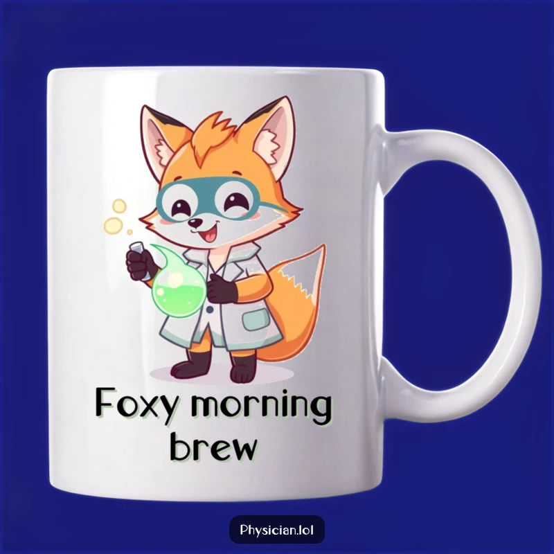 Funny Scientist Fox Mug: Cheerful lab coat, glowing potion, perfect funny gift for curious minds.