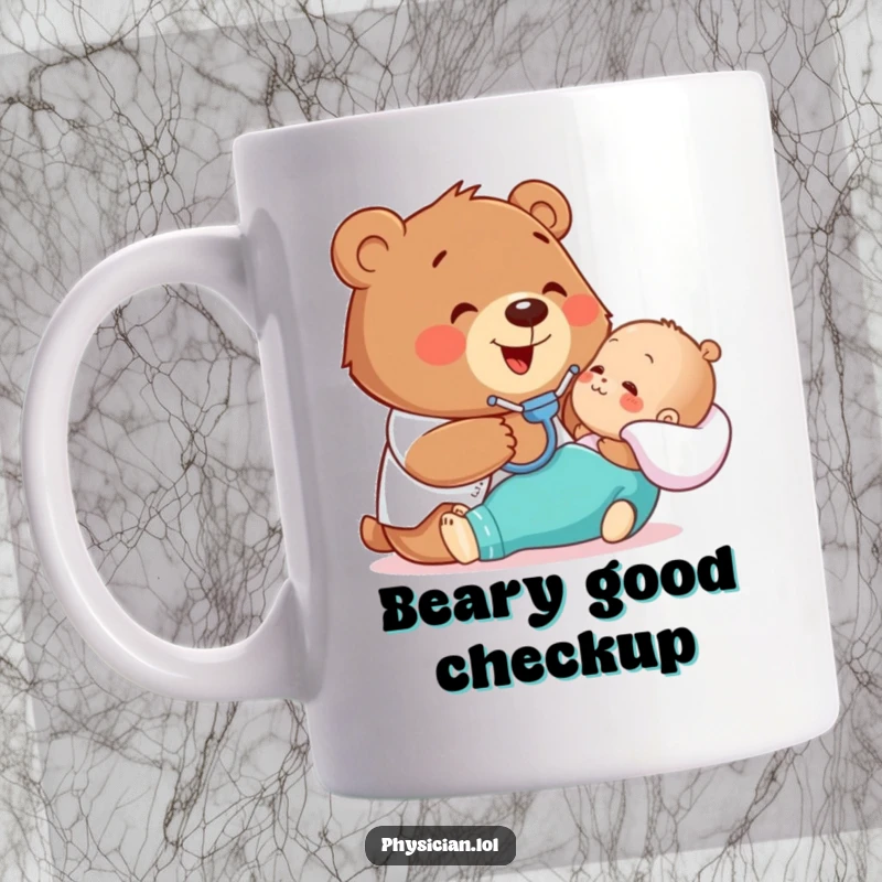 Funny mug with a happy bear gently examining a patient with a stethoscope, showcasing gentle medical care.
