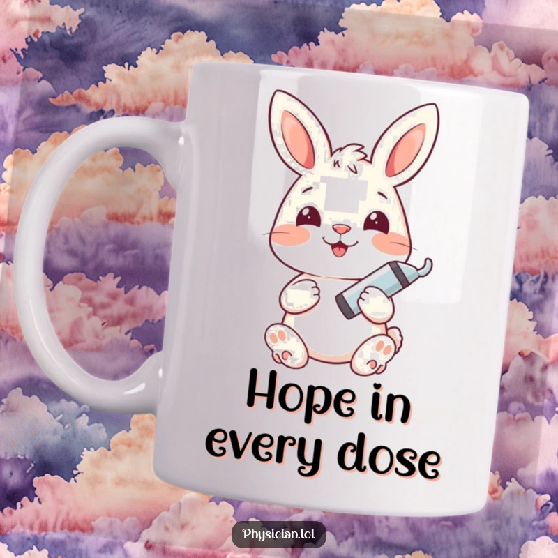 Funny bunny mug featuring a happy bunny holding a tiny syringe with a smile, representing playful healthcare humor.