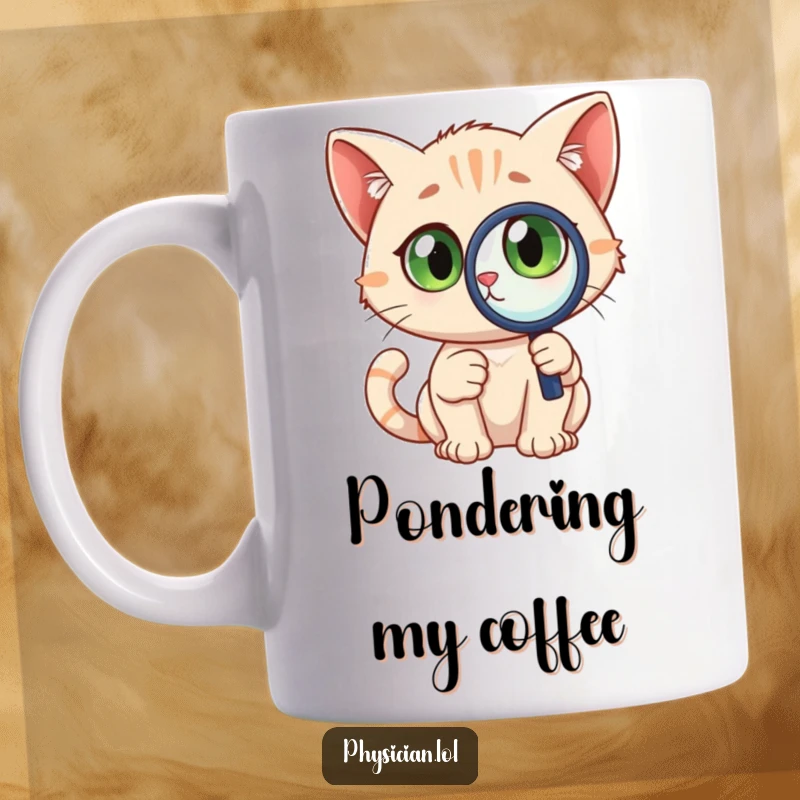 Funny Detective Cat Mug featuring a curious cat with wide eyes, holding a magnifying glass, ready to solve any mystery.