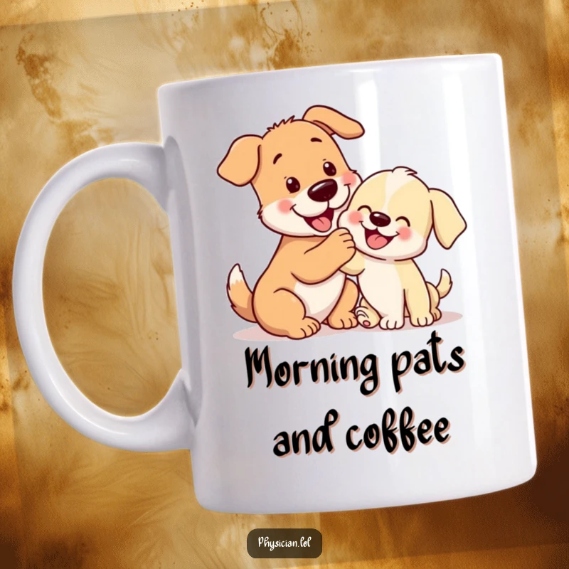 Funny playful dog gently patting a cheerful, happy puppy on the head, a heartwarming mug for dog enthusiasts.