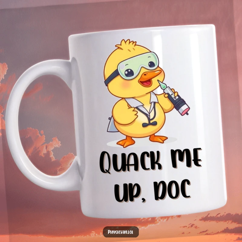 Funny duck doctor mug with a playful shot from a dropper, looking cute and professional, perfect for a funny gift.
