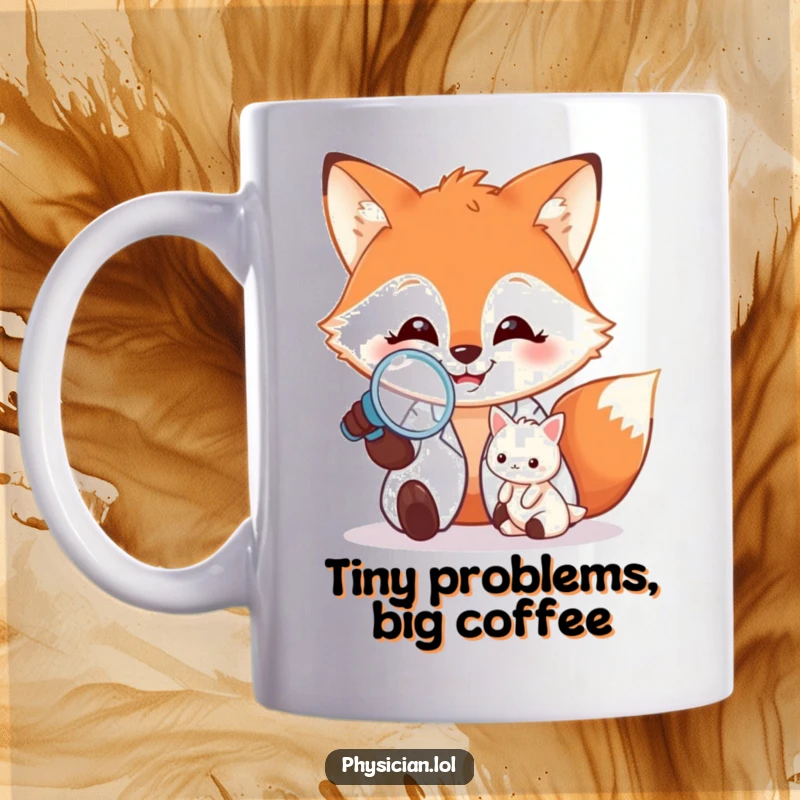 Funny Mug: A happy fox wearing a doctor's coat, grinning as it examines a minuscule patient with a magnifying glass.