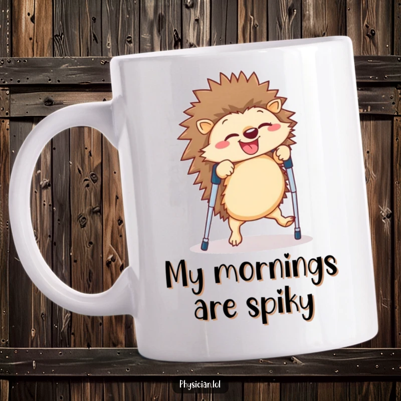 Funny hedgehog mug showing a giggling creature doing a clumsy cartwheel while balancing on crutches, expressing tenacious humor.