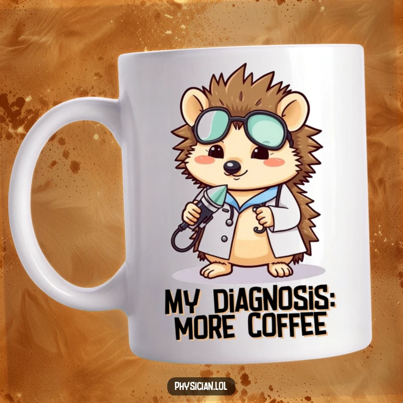 Funny hedgehog doctor mug with a charming expression, gently holding a tiny medical instrument, ready for a tiny surgery, perfect gift.