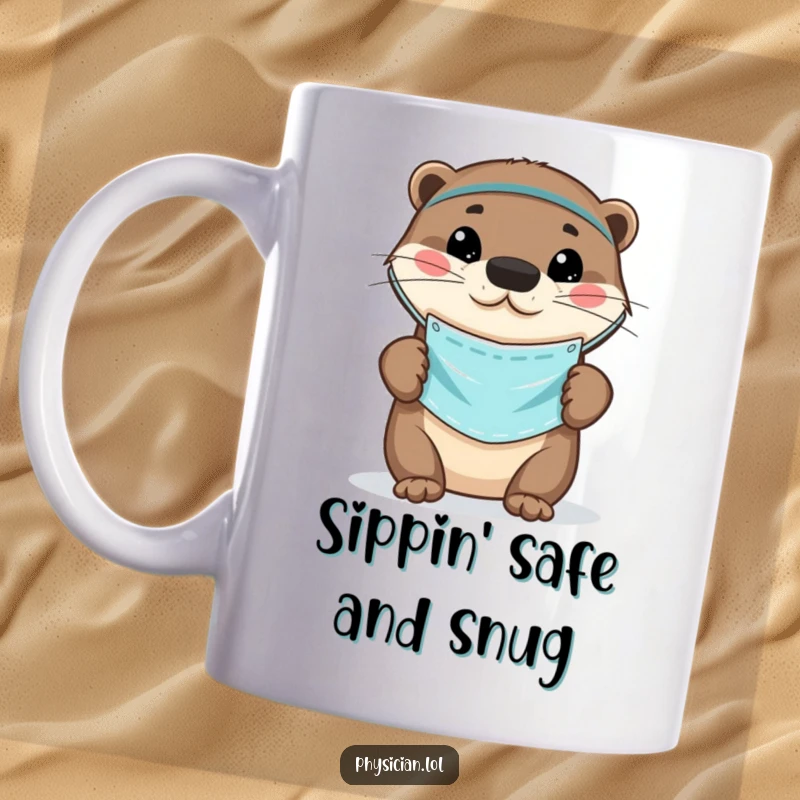 Funny Otter Doctor Mug featuring a playful otter wearing a small medical mask, radiating cuteness and a caring attitude.