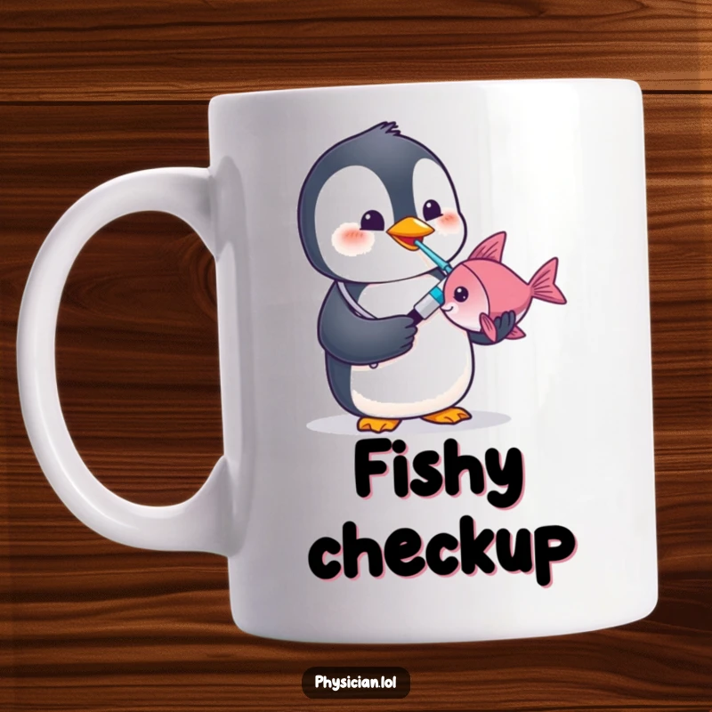 Funny penguin doctor mug confidently taking a fish's temperature with a thermometer in a humorous scene.