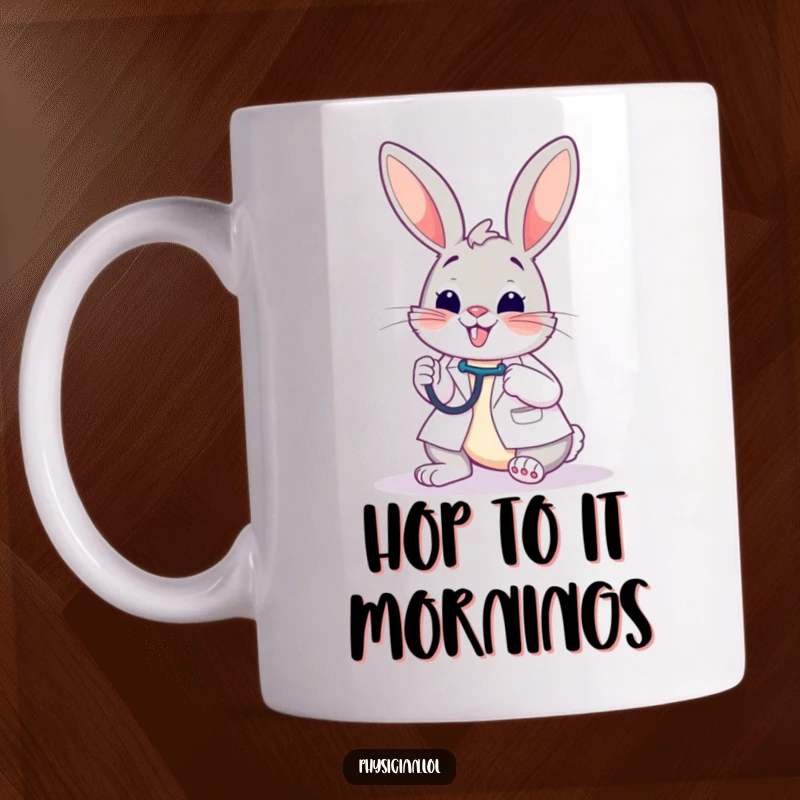 Funny mug showing a happy bunny doctor using a stethoscope to check on a patient, radiating positive and humorous energy.