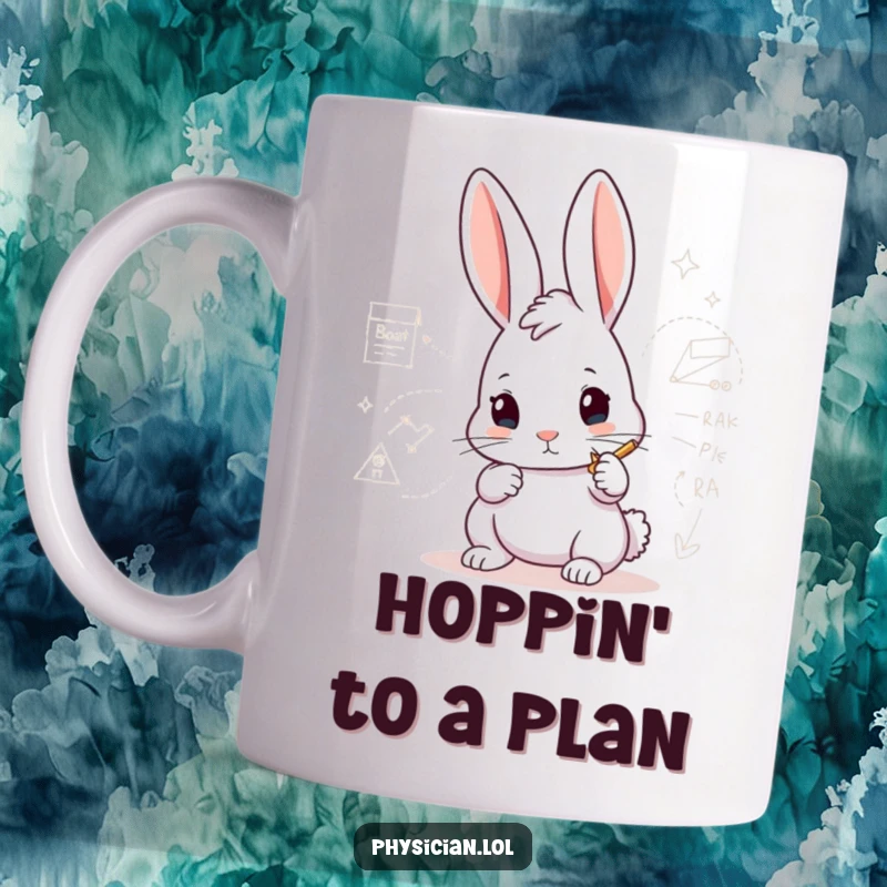Funny Rabbit Architect Mug showing a determined rabbit focused on drawing a complex diagram, radiating intelligence and humor.