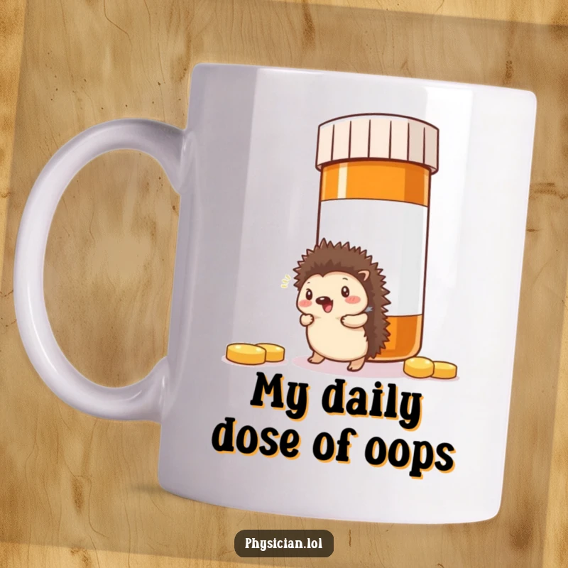 Funny Hedgehog Medicine Mug: Tiny hedgehog comically colliding with a giant pill bottle, a humorous take on medical struggles.