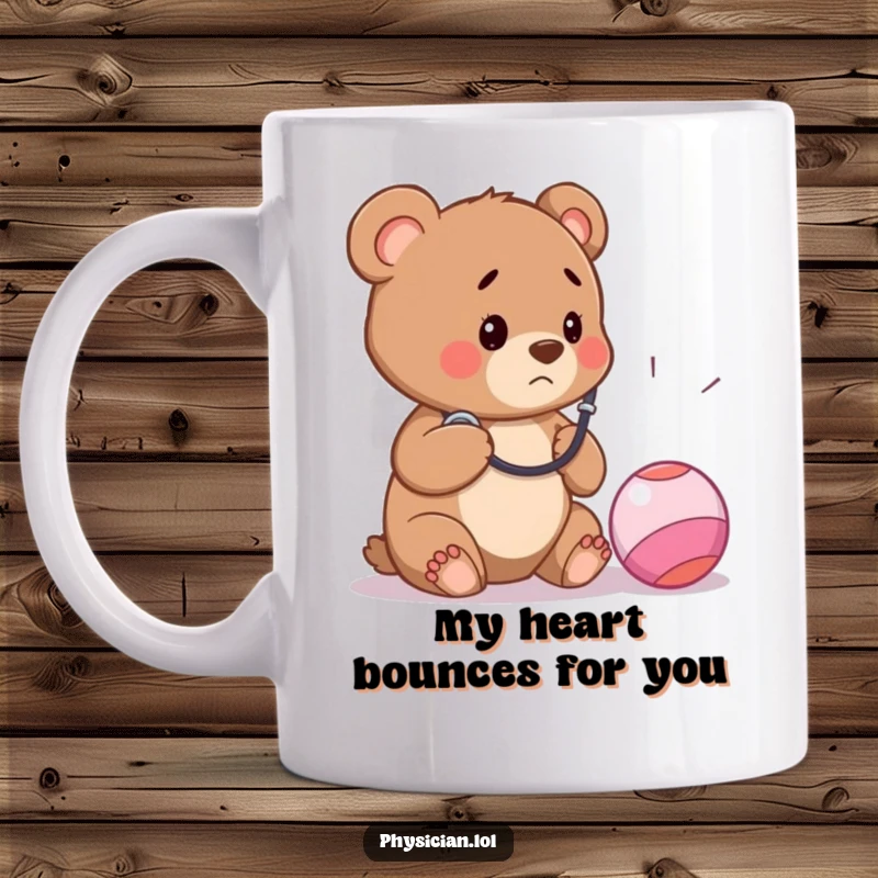 Funny bear cub doctor wearing a stethoscope, intently listening to a bouncing bouncy ball, conveying concern and humor on this novelty mug.