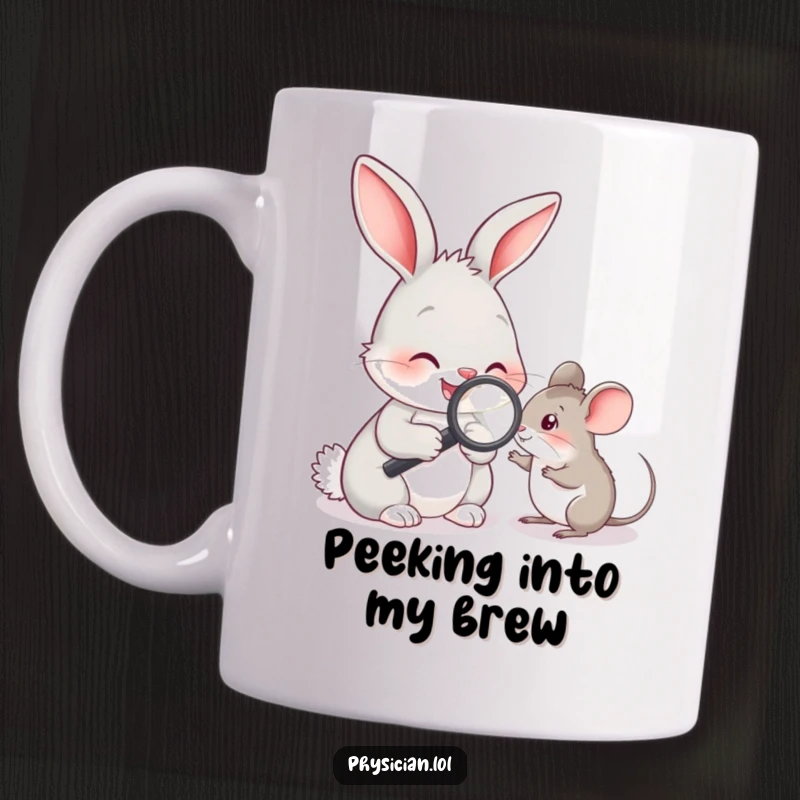 Funny smiling rabbit in a doctor's coat using a tiny magnifying glass to examine a small mouse patient, cute and humorous.