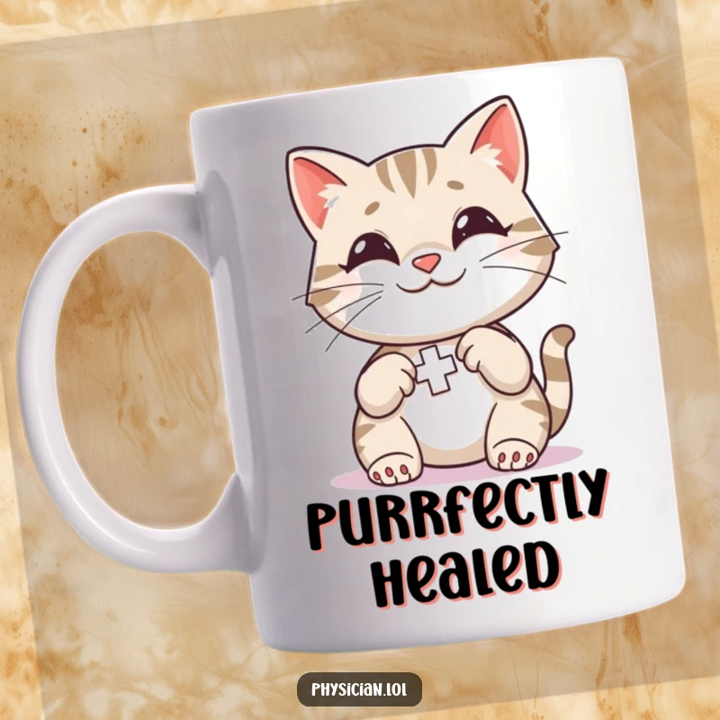 Funny Cat First Aid Mug showing a smiling cat gently applying a small, colorful bandage to an unseen injury.