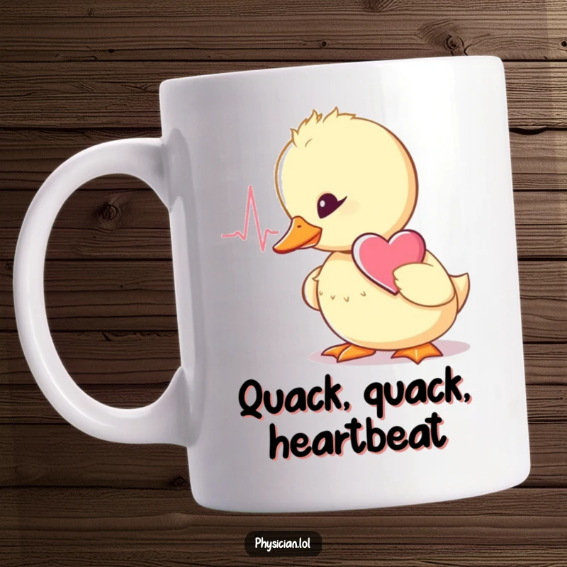 Funny wobbly duckling doctor, listening intently to a heartbeat with a stethoscope, a comforting and humorous mug.