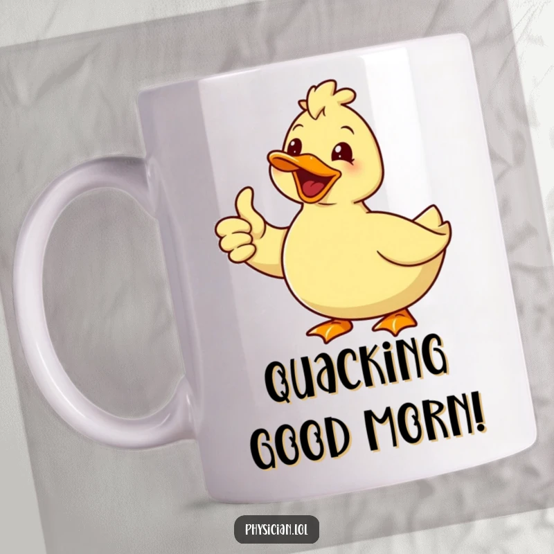 Funny mug featuring a delighted duck with a big smile giving a thumbs up, radiating cheerful and humorous positivity.