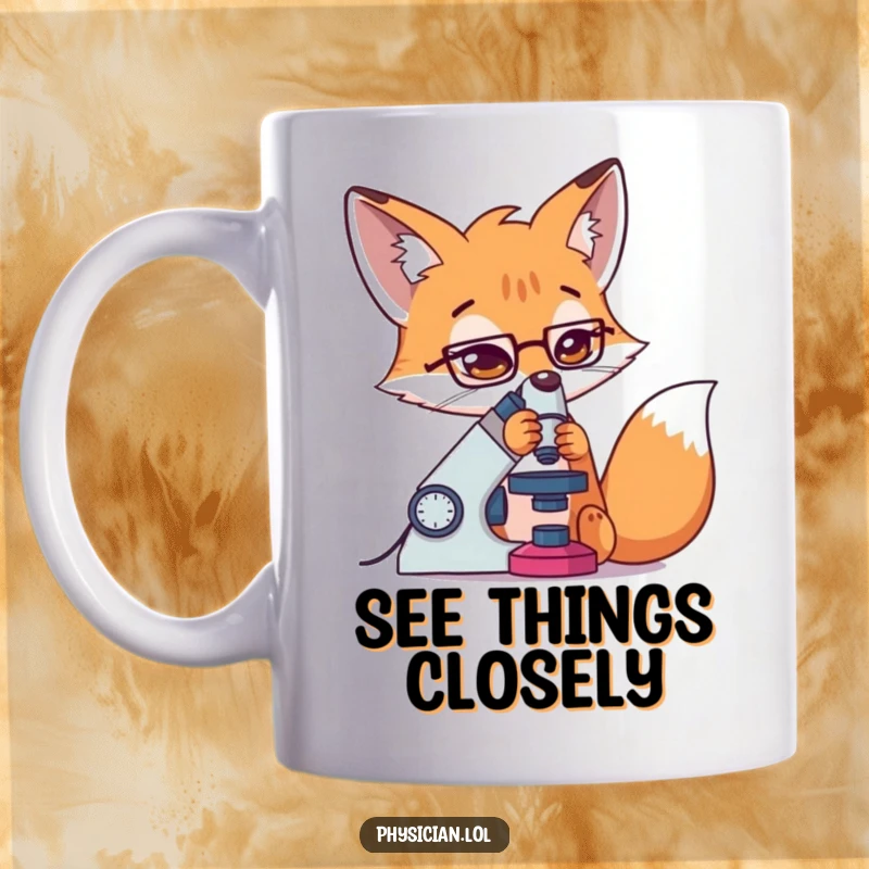 Funny Fox Scientist Mug depicting a determined fox peering intently into a microscope, celebrating curiosity and focus.