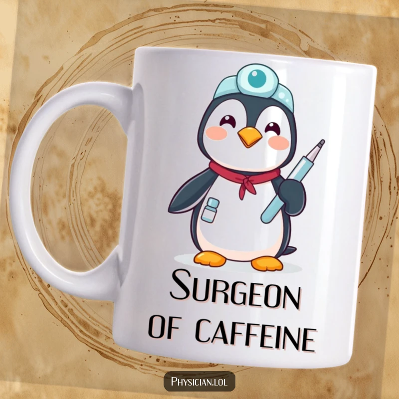 Funny proud penguin mug: a penguin in a doctor's coat holding a medical instrument, symbolizing care and professionalism.