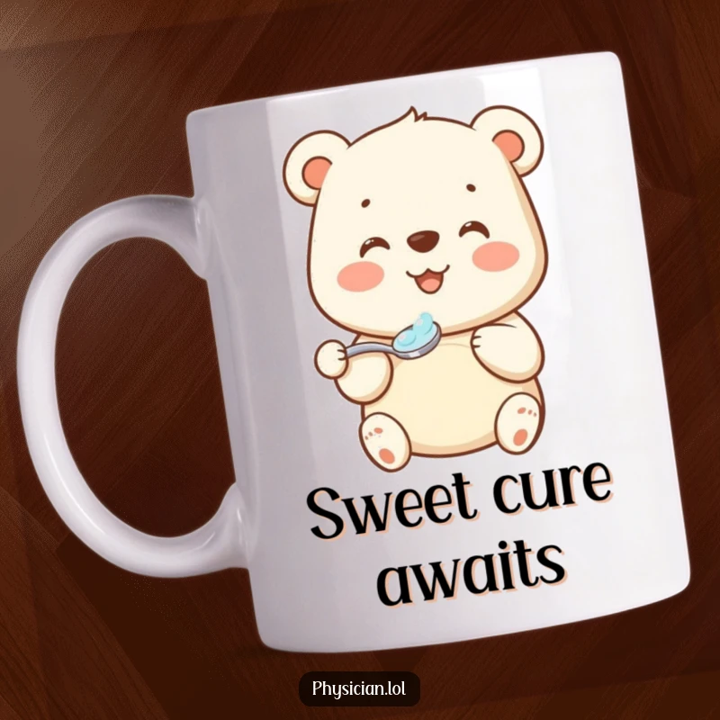 Funny bear mug depicting a beaming bear gracefully offering a spoonful of medicine with a kind and reassuring expression.