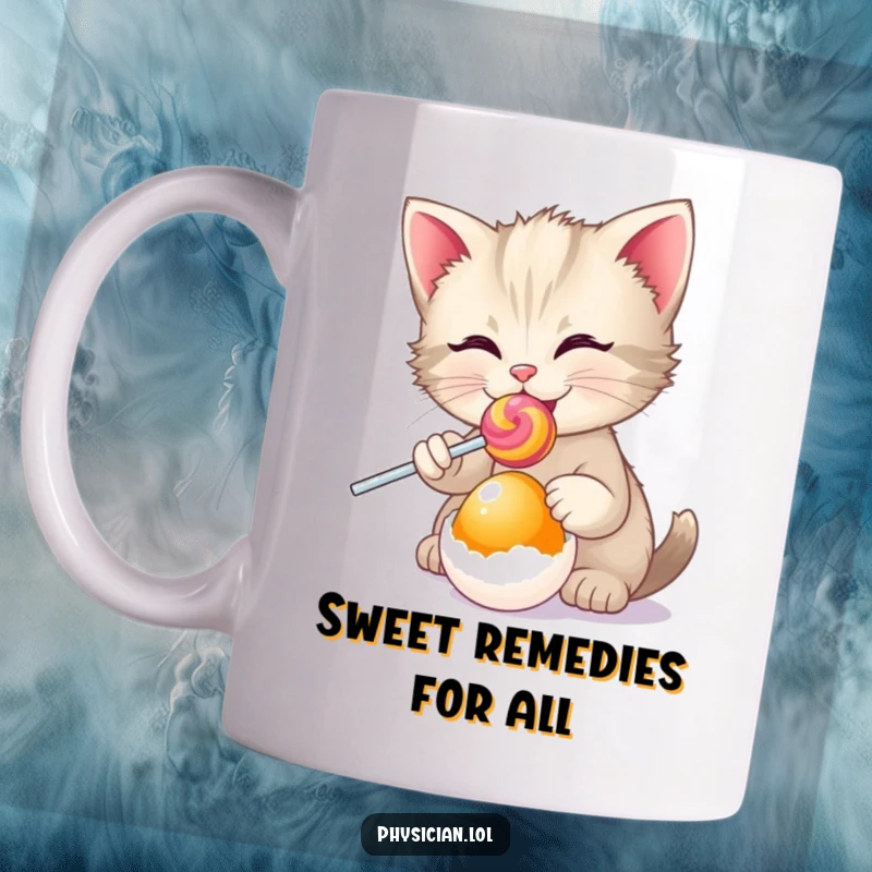 Funny happy kitten doctor prescribing a lollipop to an egg on a mug, portraying sweetness and humor.