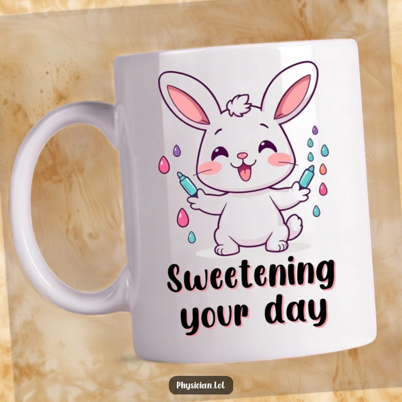 Funny mug graphic of a cheerful bunny character happily administering colorful drops, depicting joyful and humorous health care.