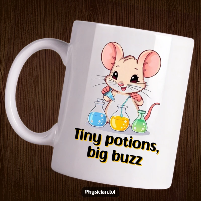Funny mischievous mouse carefully mixing colorful liquids in tiny beakers, looking very smart and a bit naughty.
