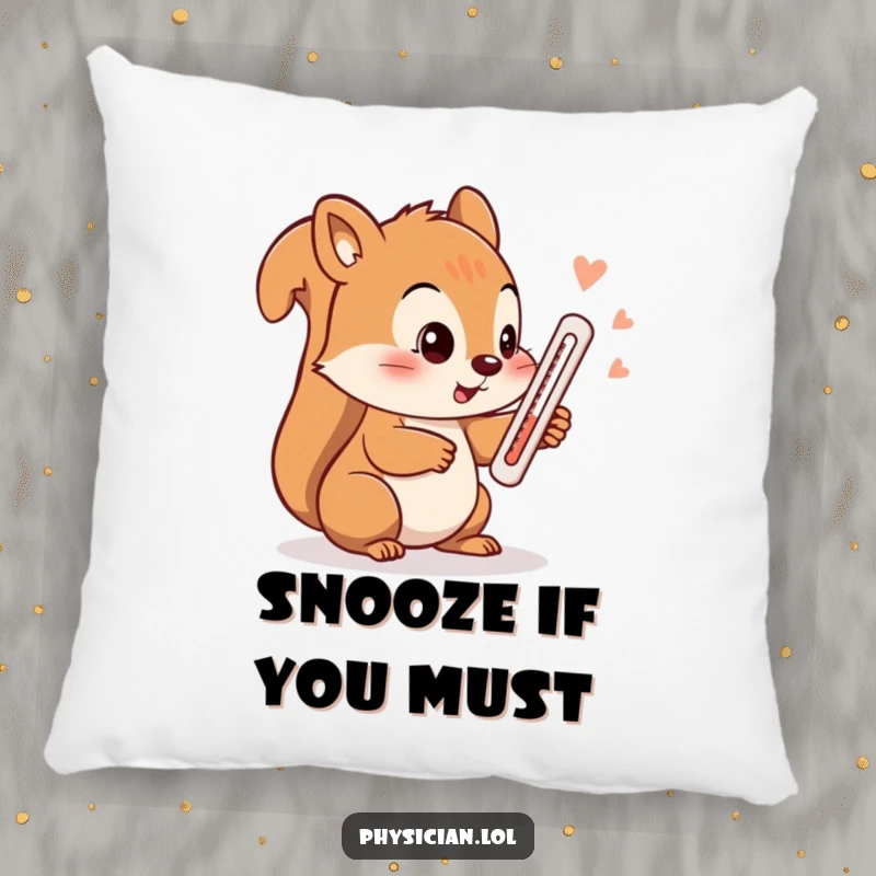 Funny squirrel pillow, a soft cushion featuring a squirrel checking its temperature with a thermometer, offering comfort and amusement.