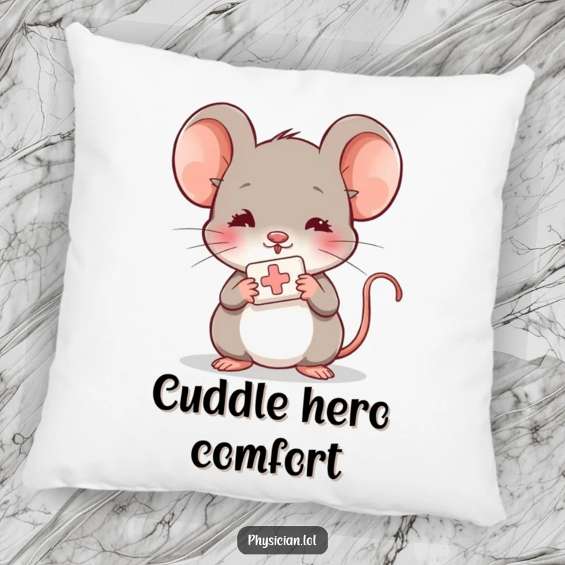 Funny shy mouse pillow, plush cushion, offering a small bandage, caring and gentle home decor.