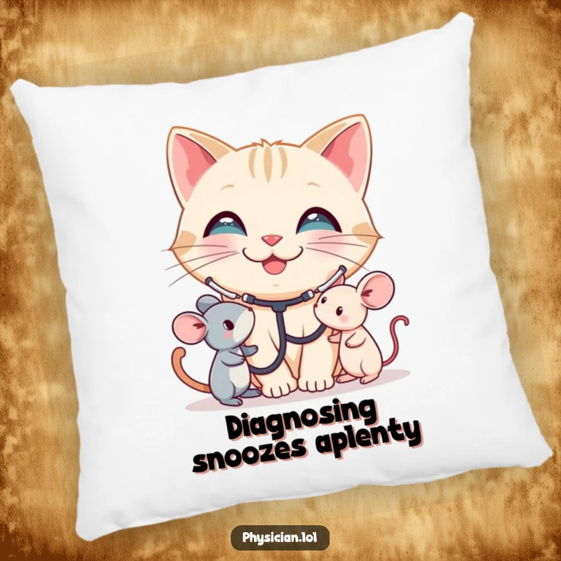 Funny Cat Pillow: A smiling cat wearing a stethoscope listens to a toy mouse. This soft, humorous pillow is perfect for cozy care, a funny gift.